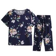 Amtdh Two Piece Pajamas for Womens Floral Printing Casual Ladies Trendy Outfits Short Sleeve Round Neck Silk Tops and Soft Pant Set Women's Plus Size Comfortable Breathable Homewear Pajamas Blue XXL
