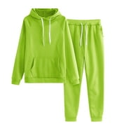 Amtdh Two Piece Sweatsuits for Womens Clearance Solid Color Loose Lightweight Casual Ladies Trendy Outfits New Fashion Hooded Sweatshirt and Pants Sets Plus Size Sport Tracksuits Green L