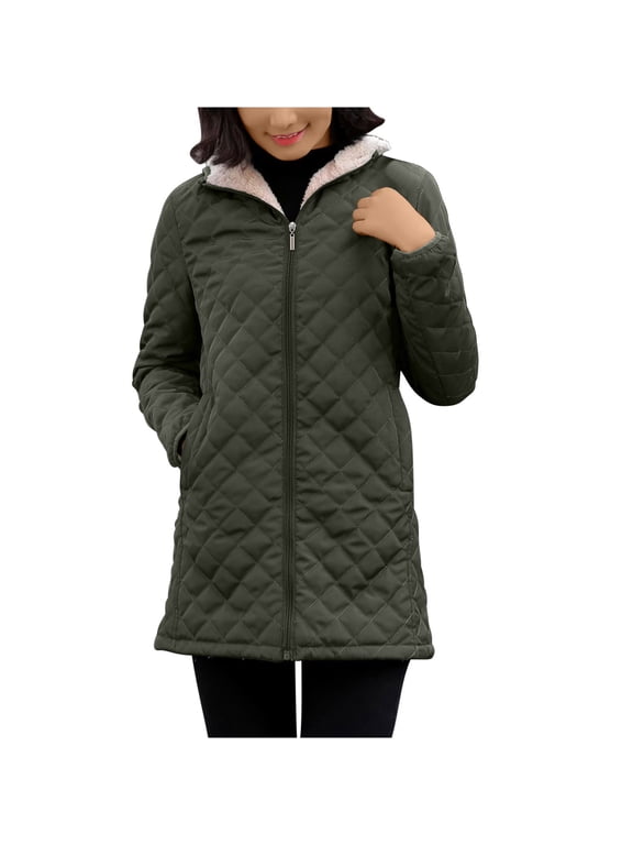 Warm Quilted Jackets for Women Sherpa Plush Lined Long Sleeve Hooded Parka Button Thickened Windbreaker Coat Loose Casual Outerwear Winter Ladies Soft Jackets Green XXXL