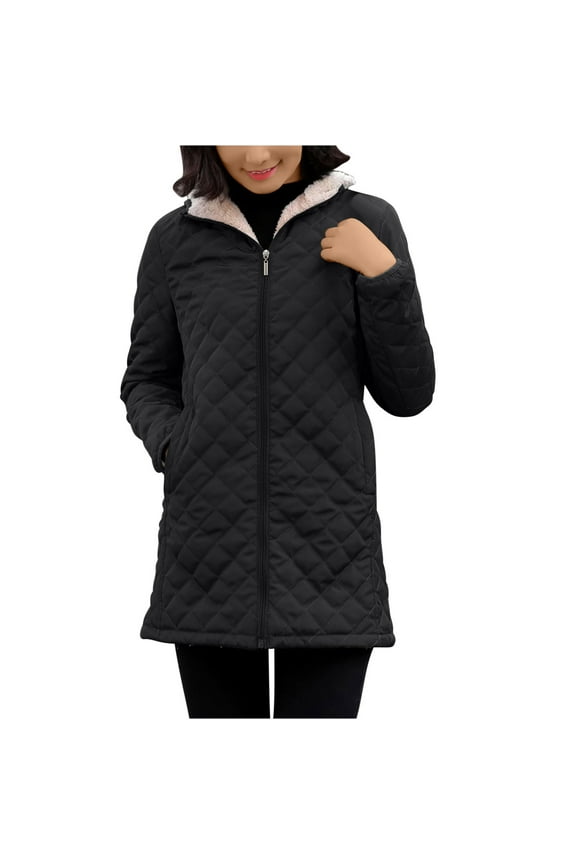 Warm Quilted Jackets for Women Sherpa Plush Lined Long Sleeve Hooded Parka Button Thickened Windbreaker Coat Plus Size Loose Casual Outerwear Winter Ladies Soft Jackets Black XXL