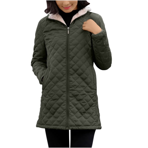 Amtdh Warm Quilted Jackets for Women Sherpa Plush Lined Long Sleeve Hooded Parka Button Thickened Windbreaker Coat Plus Size Loose Casual Outerwear Winter Ladies Soft Jackets Green S
