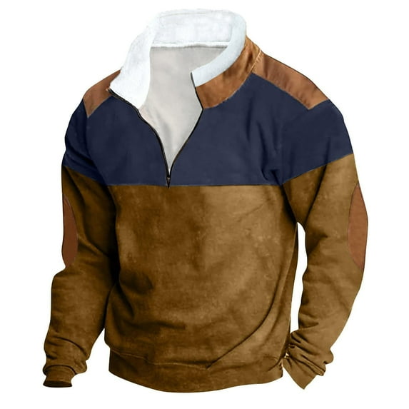 Amtdh Western Cowboy Hoodie for Men Long Sleeve Color Block Mock Neck Men's Half Zip Vintage Pullover with Pocket Casual Soft Lightweight Blouses Mens Breathable Tops Blue XL