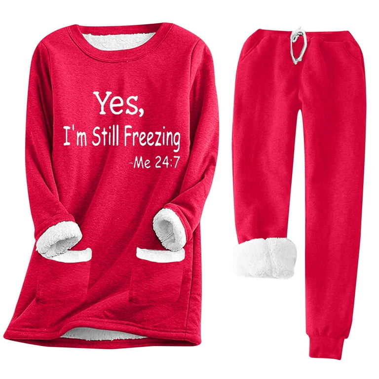 Amtdh Women s 2 Piece Fleece Sweatsuit YES I m Still Freezing Long Sleeve Warm Fuzzy Sweatshirt and Drawstring Sweatpants Set Winter Warm Sherpa Lined Tracksuit Casual Ladies Trendy Outfits Red L Walm...