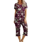 Amtdh Women's 2 Piece Sets Clearance Floral Print Round Neck Short Sleeve Sleepshirt and Pants Sets Loungewear Pajamas with Pockets Casual Plus Size Lightweight Loose Ladies Trendy Outfits WineM