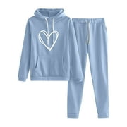 Amtdh Women's 2 Piece Sweatsuits Clearance Love Printed Hooded Drawstring Long Sleeve Sweatshirt Tops and Long Pants Set for Woman Casual Plus Size Lightweight Loose Ladies Trendy Outfits Sky BlueS
