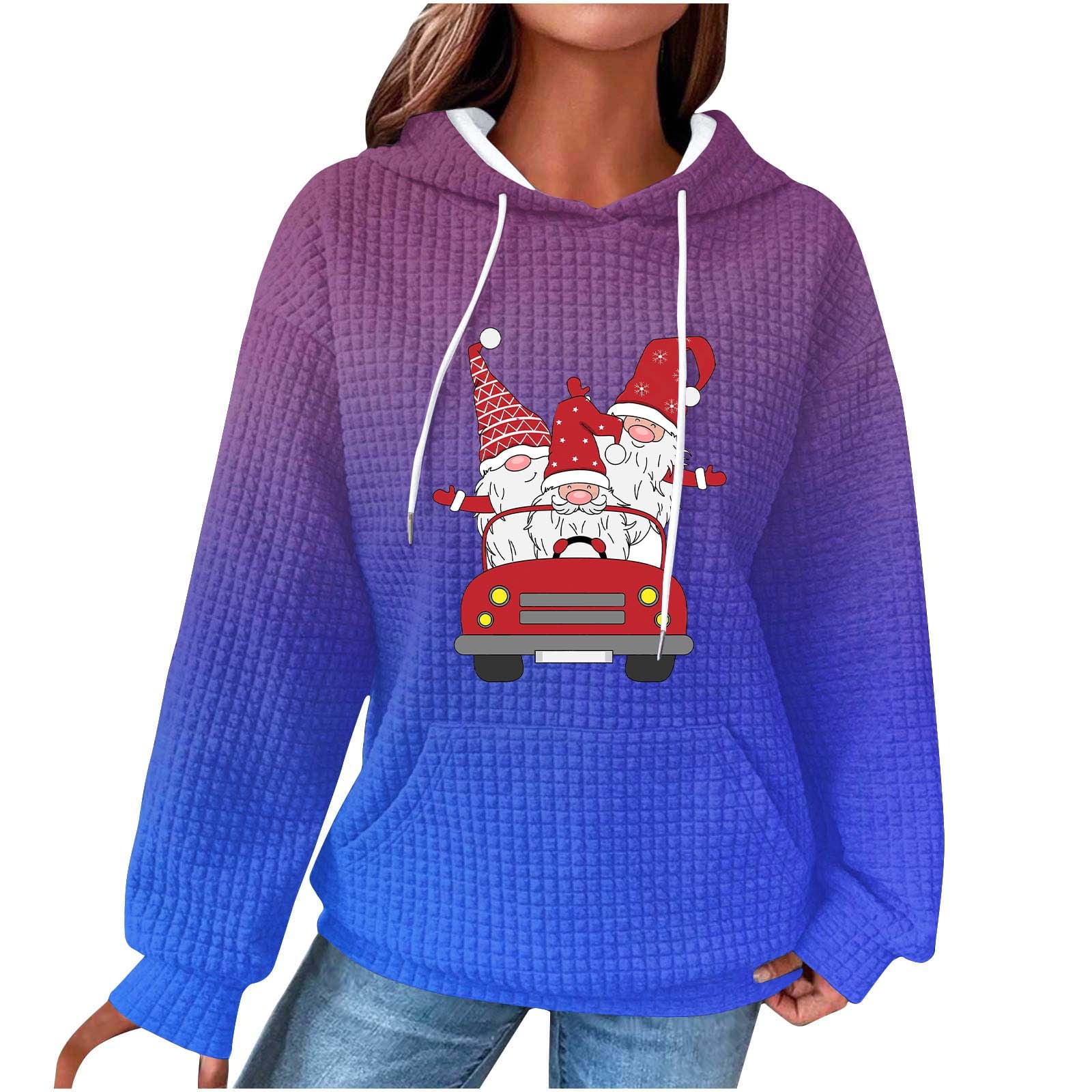 Amtdh Women's Christmas Trendy Sweatshirts Clearance Santa Claus Pattern Long Sleeve Waffle