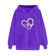 Amtdh Women's Graphic Sweatshirts Clearance Heartbeat Print Long Sleeve Hooded Neck Streetwear Hoodies with Pockets Oversized Casual Pullover Fall Winter 2023 Teen Girls Cute Clothes Purple M