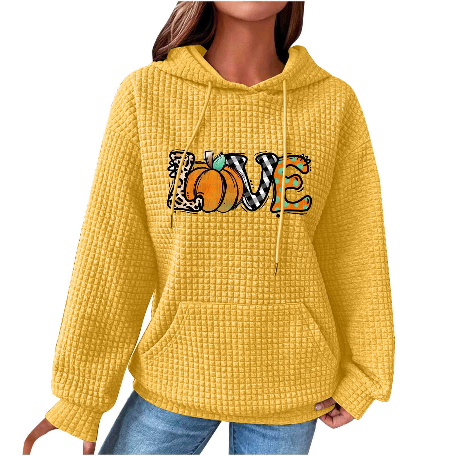 Amtdh Women's Graphic Sweatshirts Clearance Pumpkin Letter Print Long Sleeve Hooded Neck