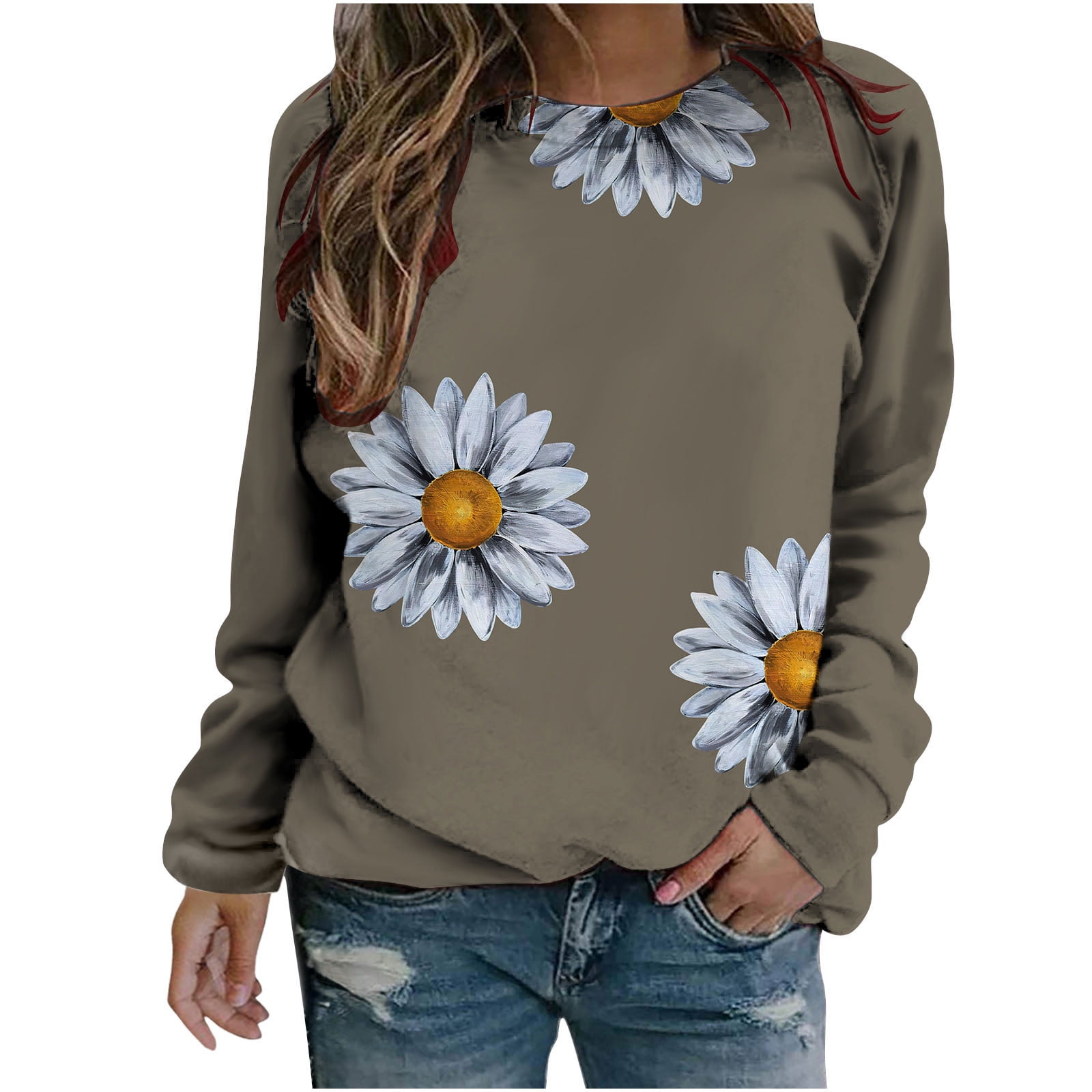 Amtdh Women's Graphic Sweatshirts Clearance Sunflower Print Long Sleeve ...