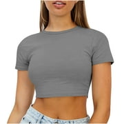 Amtdh Women's Regular T Shirts Clearance Casual Tight Blouse Y2K Clothing Short Sleeve Tees Solid Color Tops for Women Crewneck Crop Shirts for Teen Girls Summer Gray_Shirts L
