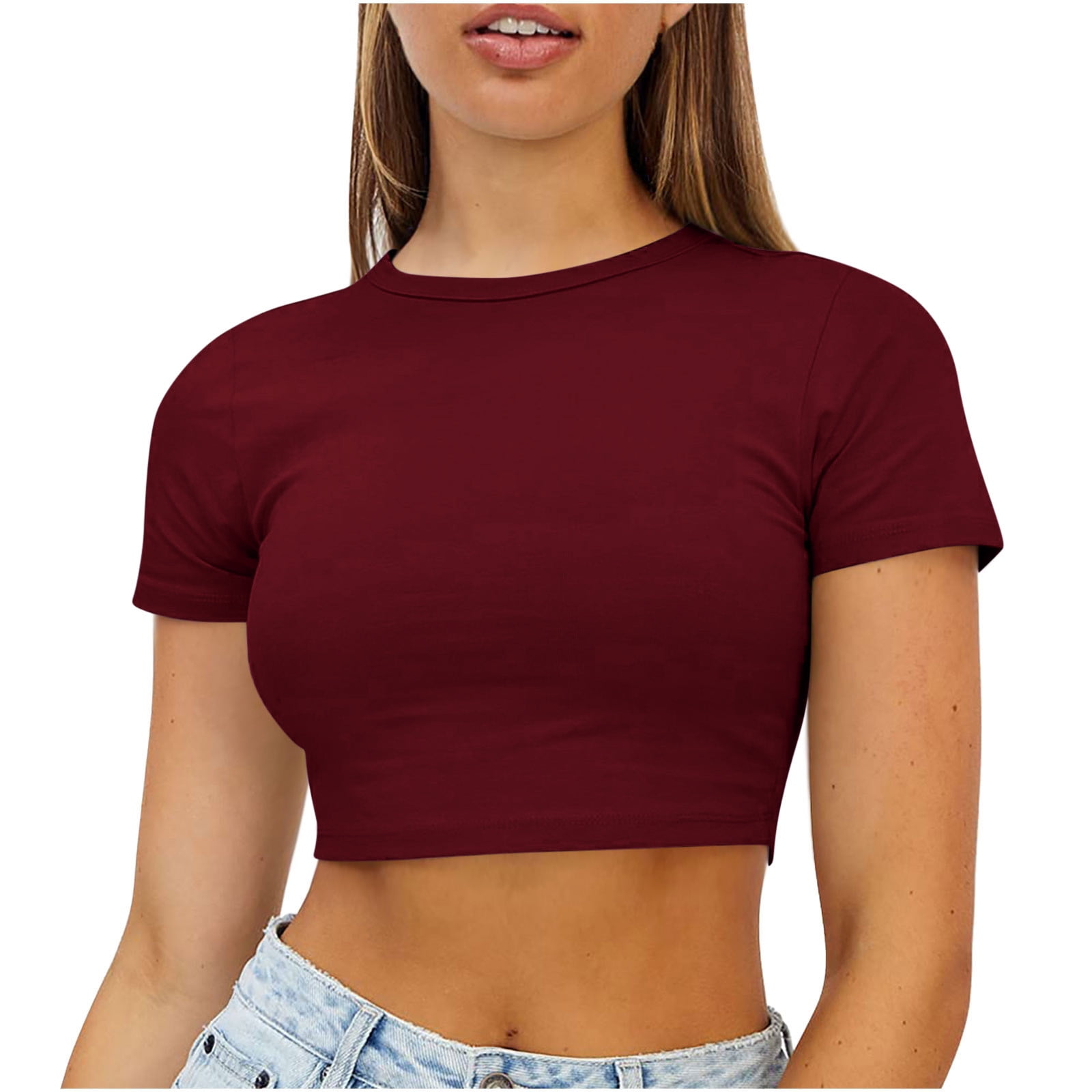 Amtdh Women's Regular T Shirts Clearance Casual Tight Blouse Y2K Clothing  Short Sleeve Tees Solid Color Tops for Women Crewneck Crop Shirts for Teen  Girls Summer Black L 