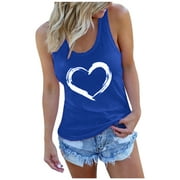 Amtdh Women's Shirts Teen Girls Sleeveless Crewneck Vest for Women Summer Blouse Heart Graphic Camisole Sexy Slim Cami Tee Shirts Crop Tank Tops for Women Y2K Clothes Blue L