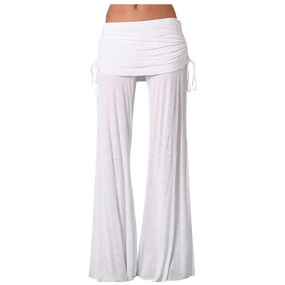 Amtdh Women's Solid Color Pants Flowy Beach Long Palazzo Pants Lounge Trousers Going out Pants Comfy Jogging Work Casual Lightweight Pants Lady White M