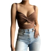 Amtdh Women's Tank Tops Teen Girls Summer Blouse Crop Tank Tops for Women Sexy Slim Cami Sleeveless V Neck Vest for Women Y2K Clothes Backless Bandana Tee Shirts Solid Camisole Brown XL