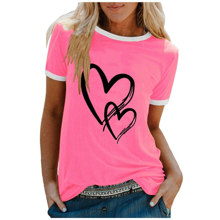 Amtdh Women's Tee Shirts Heart Graphic Pullover Plus Size T Shirts for Women  Teen Girls Tee Short Sleeve Crewneck Tops for Women Summer Y2K Clothes Pink  S 