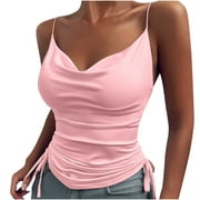 Amtdh Women's Tops Sexy Slim Camisole Drawstring Blouse Y2K Clothing V Neck Shirts for Teen Girls Plus Size Crop Tank Tops for Women Sleeveless Summer Vest Solid Tee Pink M