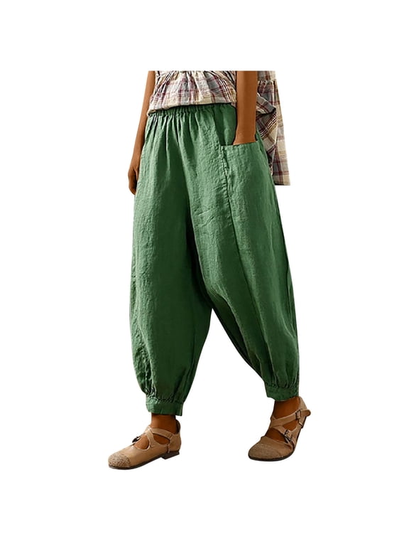 Women's Trendy Balloon Harem Pants Cotton And Linen Lounge Elastic Waist Straight long Pants with Pockets Plus Size Lightweight Casual Loose Comfy Trousers Ladies Fall Green XXXXL