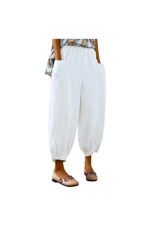 Women's Trendy Balloon Harem Pants Cotton And Linen Lounge Elastic Waist Straight long Pants with Pockets Plus Size Lightweight Casual Loose Comfy Trousers Ladies Fall White XXXL