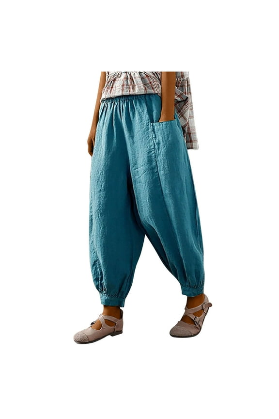Women's Trendy Balloon Harem Pants Cotton And Linen Lounge Elastic Waist Straight long Pants with Pockets Plus Size Lightweight Casual Loose Comfy Trousers Ladies Fall Blue M