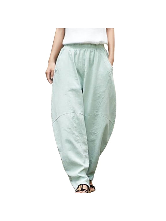 Women's Trendy Balloon Harem Pants Solid Color Lightweight Casual Loose Comfy Trousers Ladies Fall Lounge Elastic Waist Plus Size Baggy Pocket Cotton Linen Pants Green XXL