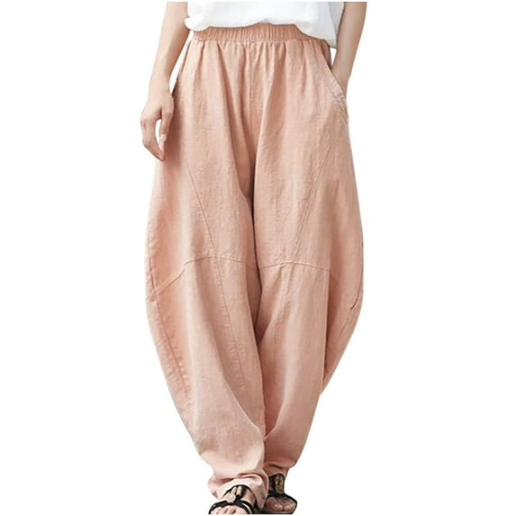 Amtdh Women's Trendy Balloon Harem Pants Solid Color Lightweight Casual Loose Comfy Trousers Ladies Fall Fashion Lounge Elastic Waist Plus Size Baggy Pocket Cotton Linen Pants Orange L