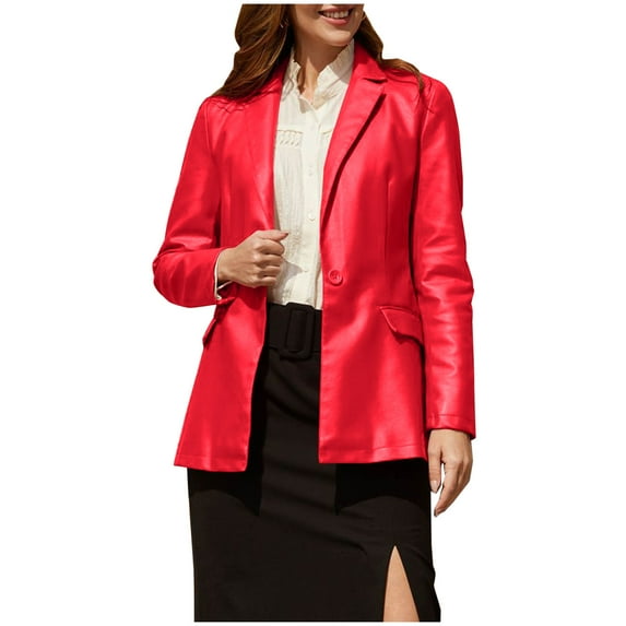Amtdh Women's Trendy Blazer Solid Color Long Sleeve Lapel Button Leather Suit Coat Plus Size Loose Casual Outerwear Fall Winter Fashion Ladies Soft Jackets Red XXXL