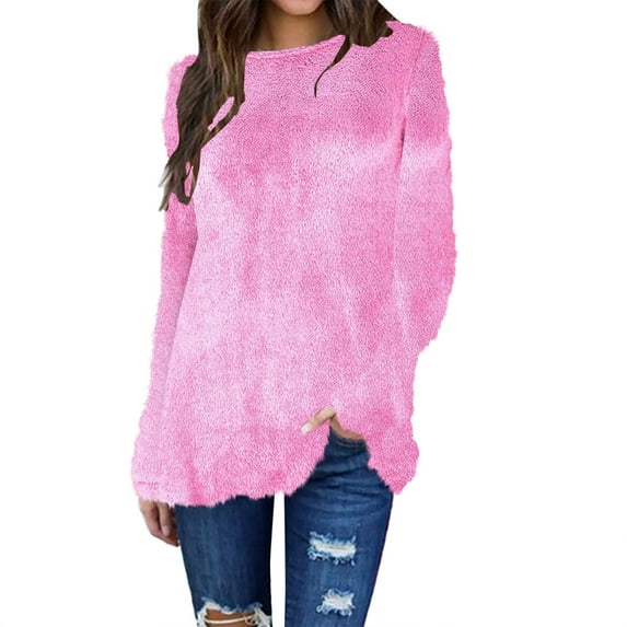 Amtdh Women's Trendy Graphic Sweater Clearance Solid Color Long Sleeve Round Neck Pullover Casual Plus Size Lightweight Loose Pullover Teen Girls Cute Clothes Fall 2023 Pink M