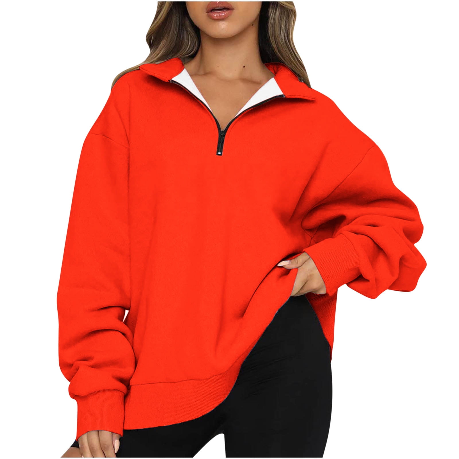 Amtdh Women's Trendy Graphic Sweatshirt Clearance Solid Color Long Sleeve  1/4 Zip up Collared Pullover Casual Plus Size Lightweight Loose Pullover  Teen Girls Cute Clothes Fall 2023 Orange L 