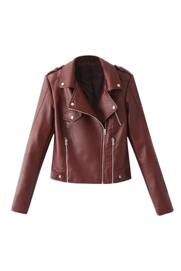 Women's Trendy Jackets Solid Color Long Sleeve Hooded Neck Zip Up Leather Cropped Biker Coat Plus Size Loose Casual Outerwear Fall Winter Teen Girls Cute Clothes Red XL