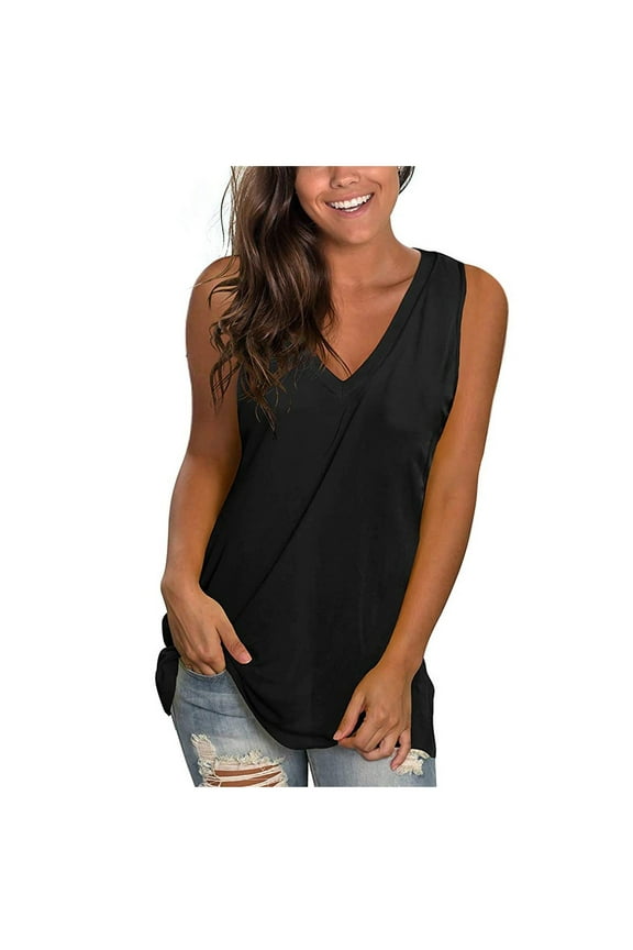 Women's Trendy Oversized Tank T Shirts Solid Tees for Women Clothes for Teen Girls Casual Vest Tops Short Sleeve Shirts V Neck Blouse Y2K Clothing Summer Black M