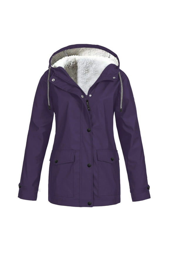 Women's Trendy Windproof Coat Solid Color Long Sleeve Hooded Neck Full Zip Outdoor Waterproof Thickened Jackets Oversized Casual Outwear Clothes Fall Winter Purple XXXXL
