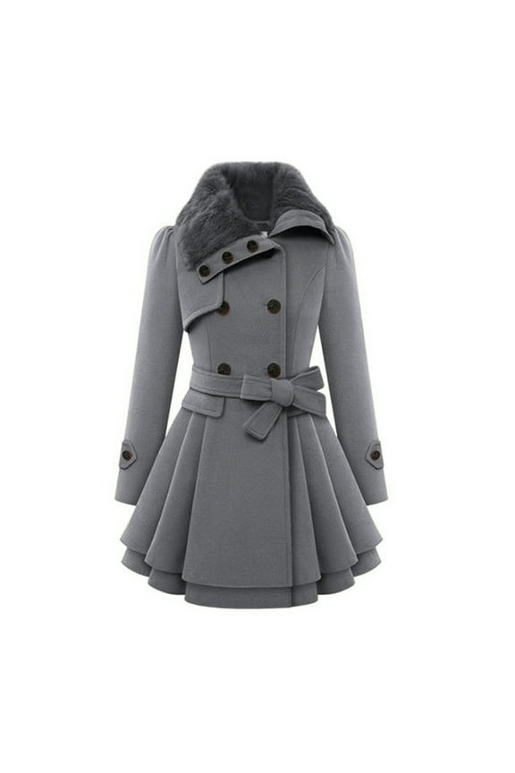 Women's Warm Pea Coat Long Sleeve Plush Lapel Windbreaker Coat Double Breasted Blet Trench Coat with Skirt Hem Casual Loose Outerwear Ladies Soft Jackets Winter Gray XXL