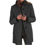 AMTDH Women's Warm Peacoat Solid Color Long Sleeve Lapel Button Wool Blend Coat Plus Size Loose Casual Outerwear Ladies Soft Jackets Fall Winter Fashion Black XL