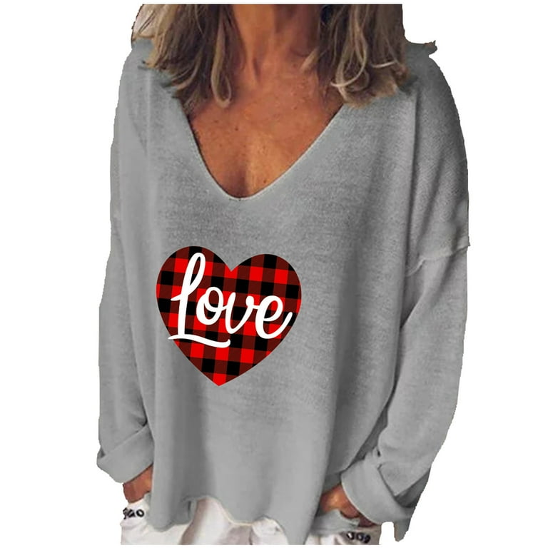 Amtdh Womens Clothes Fashion Tee Shirts V Neck Long Sleeve Shirts for Women  Oversized Tops for Girls Valentine's Day Y2K Clothes Love Hearts Graphic  Pullover Lightweight Casual Sweatshirts Gray XXL 