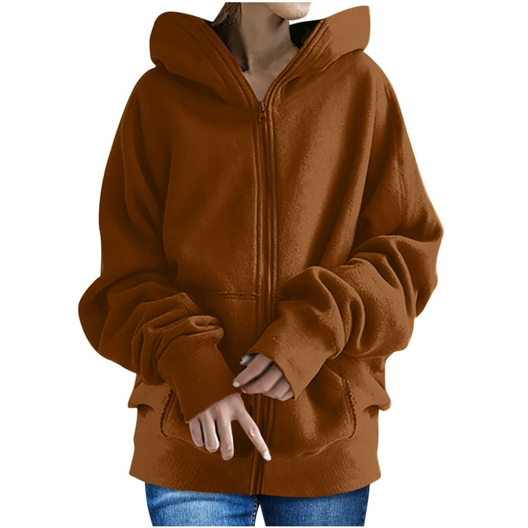 Amtdh Womens Clothes Hoodies for Women Trendy Pullover Zip Up Plus Size  Hooded Solid Color Sweatshirts for Women Blouse Tops for Women Clothes  Brown L 