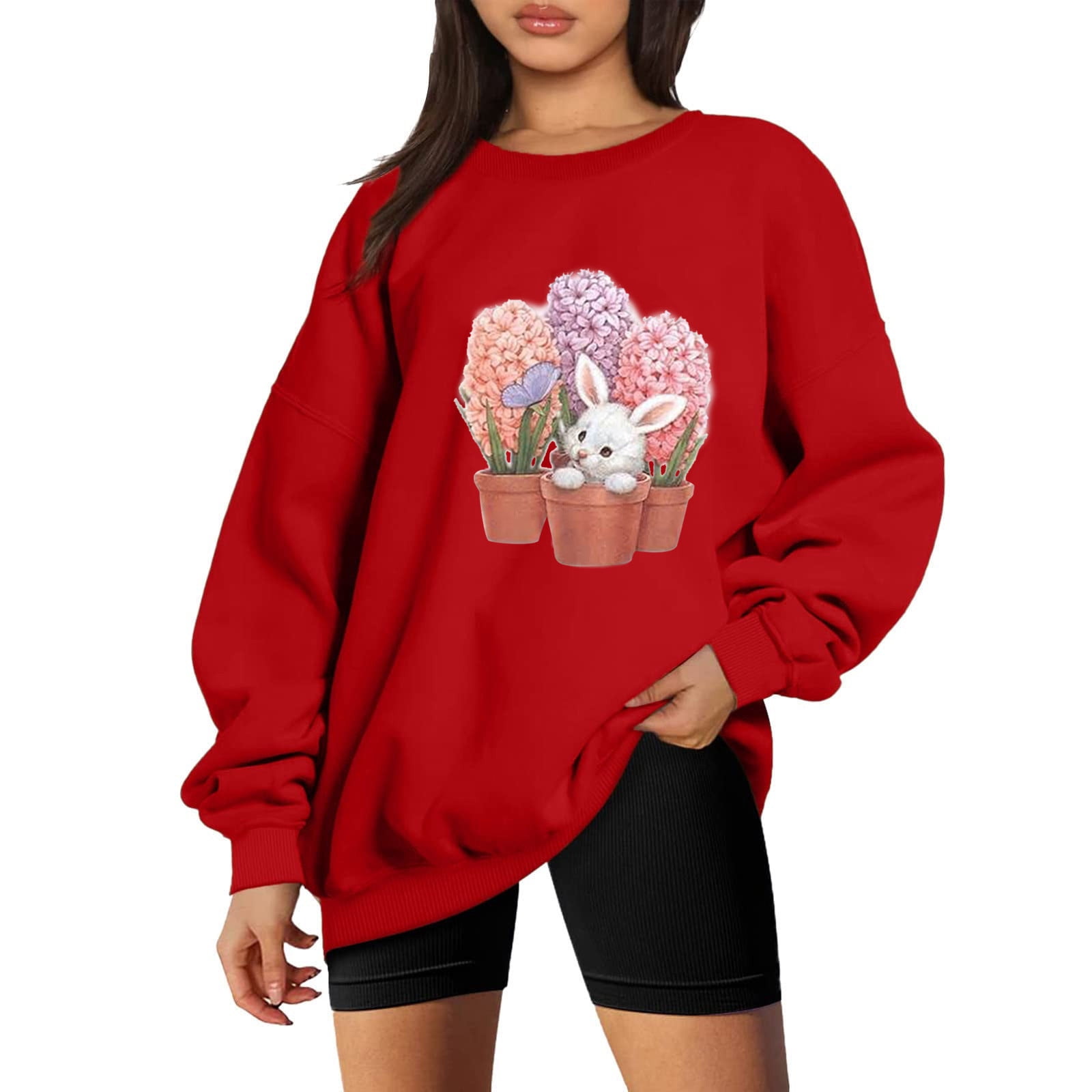LWZWM Trendy Fall Clothes for Women 2022 Tiktok Business Sweatshirt  Patchwork Round Neck T-Shirt Autumn Floral Print Blouse Red XL 