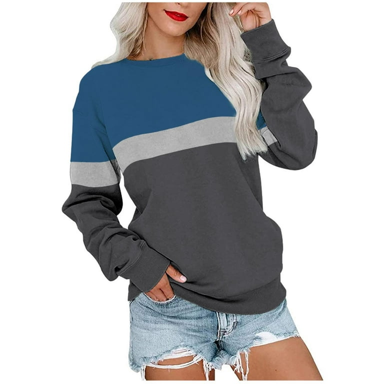 Amtdh Womens Clothes Long Sleeve Shirts for Women Fall Fashion Y2K Clothing  Strip Colorblock Sweatshirts Crewneck Plus Size Tops for Teen Girls Blue XL  