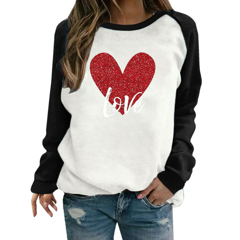 Amtdh Womens Clothes Valentine's Day Crewneck Long Sleeve Shirts for Women  Oversized Tops for Girls Y2K Clothes Casual Sweatshirts Hearts Graphic  Pullover Raglan Fashion Tee Shirts Black XL 