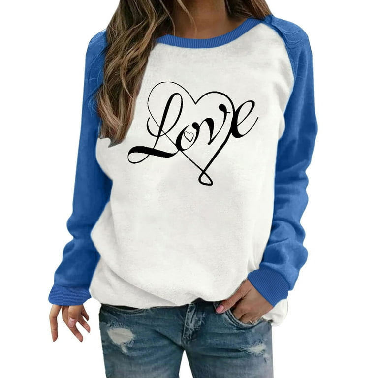 Amtdh Womens Clothes Valentine's Day Hearts Graphic Pullover Raglan  Crewneck Long Sleeve Shirts for Women Oversized Tops for Girls Y2K Clothes  Fashion Tee Shirts Casual Sweatshirts Blue XL 