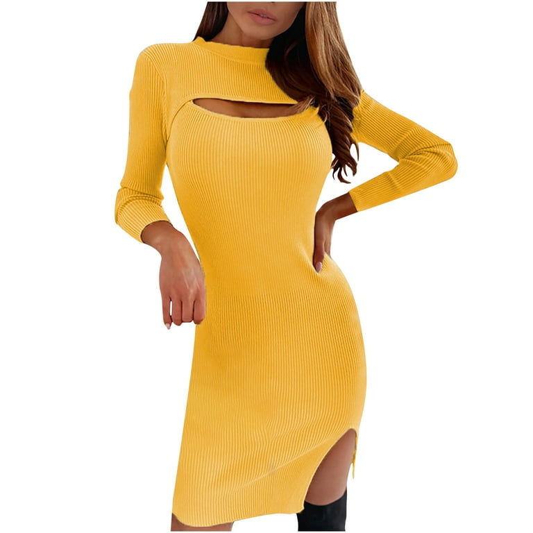 Amtdh Womens Dresses Casual Sexy Clothes Long Sleeve High Neck Dress for  Women Pullover Solid Color Sexy Knitted Slim Wrapped Mini Split Dress for  Women Summer Dresses for Women Yellow M 
