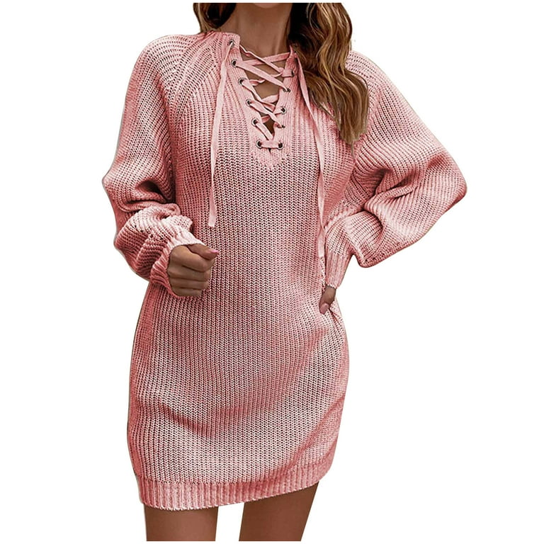 Amtdh Womens Dresses Long Sleeve Criss Cross Neck Dress for Women Pullover  Solid Color Drawstring Knitted Bandage Mini Sweater Dress for Women Casual  Sexy Clothes Summer Dresses for Women Pink S 