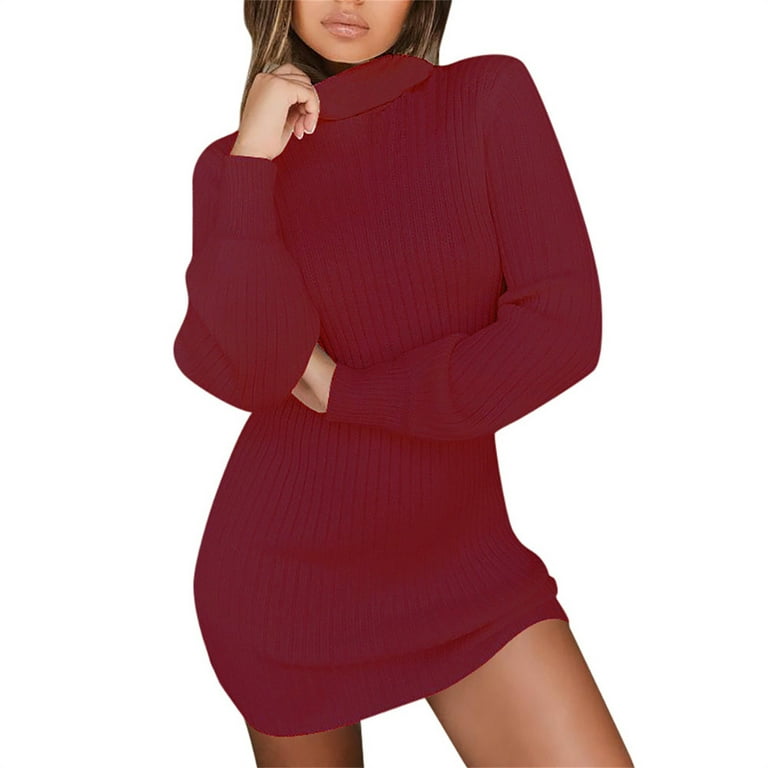 Amtdh Womens Dresses Pullover Casual Sexy Clothes Solid Color Slim Fit  Knitted Sweater Dress for Women Summer Dresses for Women Long Sleeve  Turtleneck Knee-High Dress for Women Red XXXXL 
