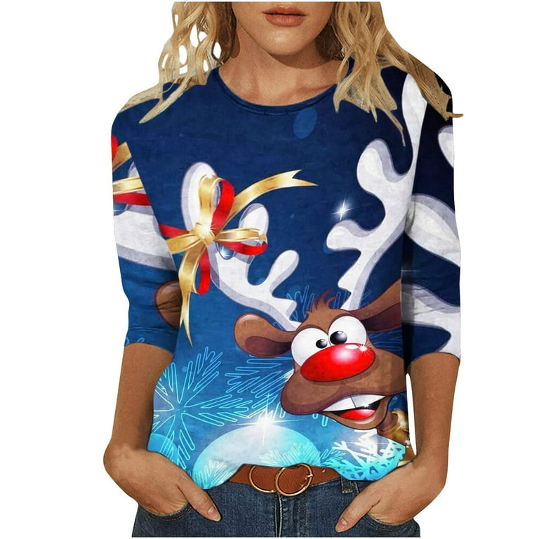 Amtdh Womens Shirts 3/4 Sleeve Shirts for Women Christmas Reindeer Graphic  Sweatshirts for Women Crewneck Oversized Tops for Women Teen Girls Fall  Fashion Pullover Blue XL 