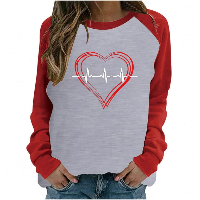 Amtdh Womens Shirts Casual Sweatshirts Fashion Tee Shirts Hearts Graphic  Pullover Raglan Valentine's Day Crewneck Long Sleeve Shirts for Women Y2K  Clothes Oversized Tops for Girls Gray XXL 