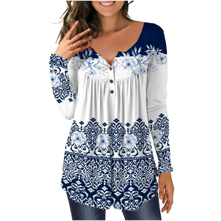 Amtdh Womens Shirts,Dressy Y2K Clothing Pleated Tunic Tops for Women Long  Shirts for Women Oversized Blouse for Leggings Floral Graphic Clothes Blue  XXL 