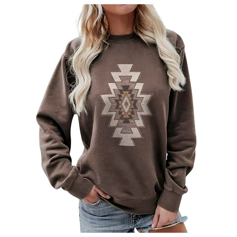 Amtdh Womens Shirts Ethnic Graphic Sweatshirts for Women Long Sleeve Shirts  for Women Vintage Pullover Teen Girls Fall Fashion Crewneck Oversized Tops  for Women Brown L 