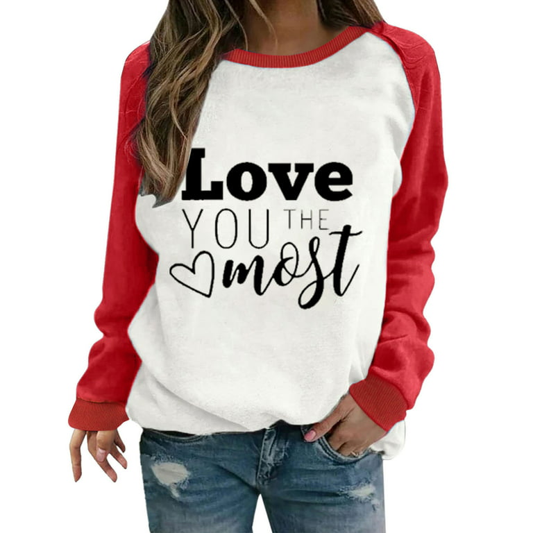 Amtdh Womens Shirts Fashion Tee Shirts Crewneck Long Sleeve Shirts for Women  Oversized Tops for Girls Y2K Clothes Valentine's Day Casual Sweatshirts  Hearts Graphic Pullover Raglan Red L 
