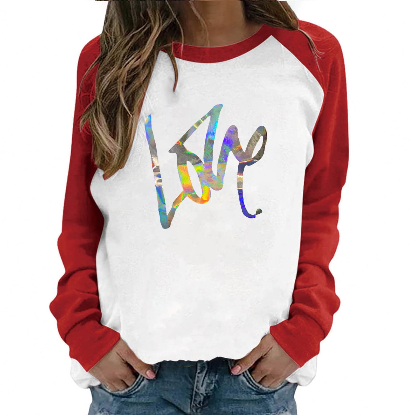 Amtdh Womens Shirts Hearts Graphic Pullover Raglan Crewneck Long Sleeve  Shirts for Women Valentine's Day Oversized Tops for Girls Y2K Clothes  Casual Sweatshirts Fashion Tee Shirts White S 