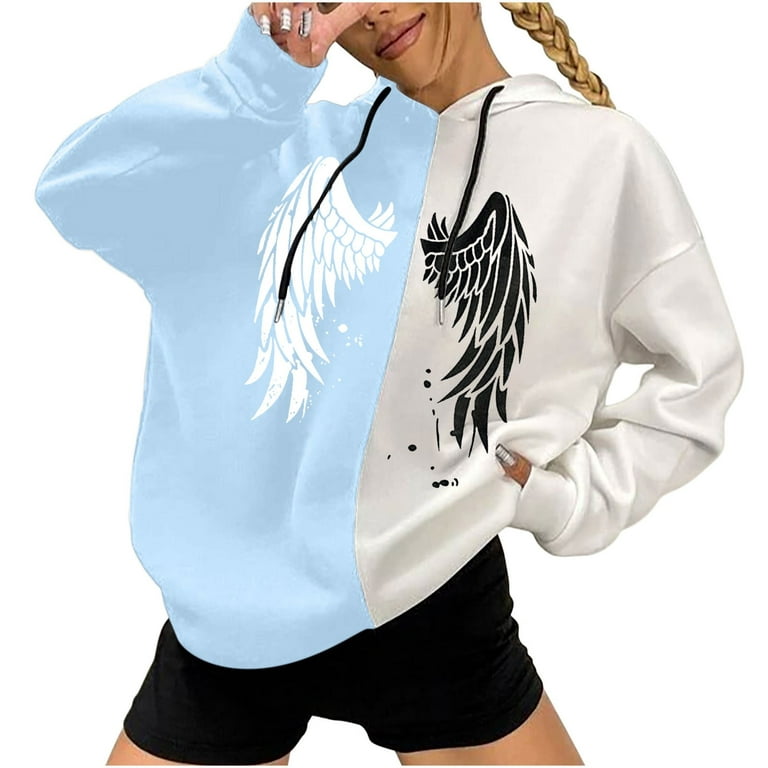 Amtdh Womens Shirts Hooded Oversized Tops for Women Long Sleeve Shirts for  Women Fall Fashion Dark Gothic Pullover Wings Graphic Sweatshirts for Women  Teen Girls Blue L 