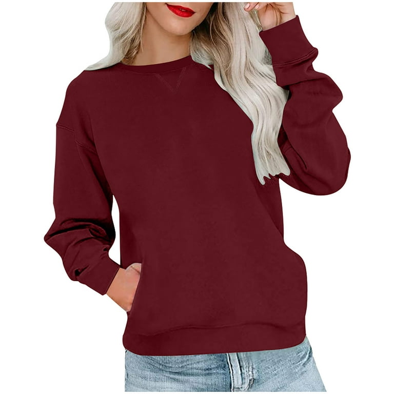 Amtdh Womens Shirts,Long Sleeve Shirts for Women Fall Fashion Crewneck  Solid Color Oversized Tops for Teen Girls Casual Pullover Y2K Clothing Wine  M 